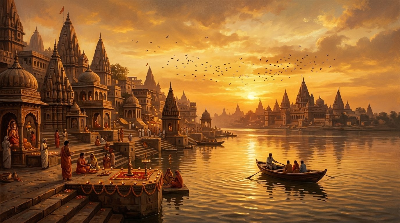 Sacred Varanasi temple ghats on the river at golden sunrise