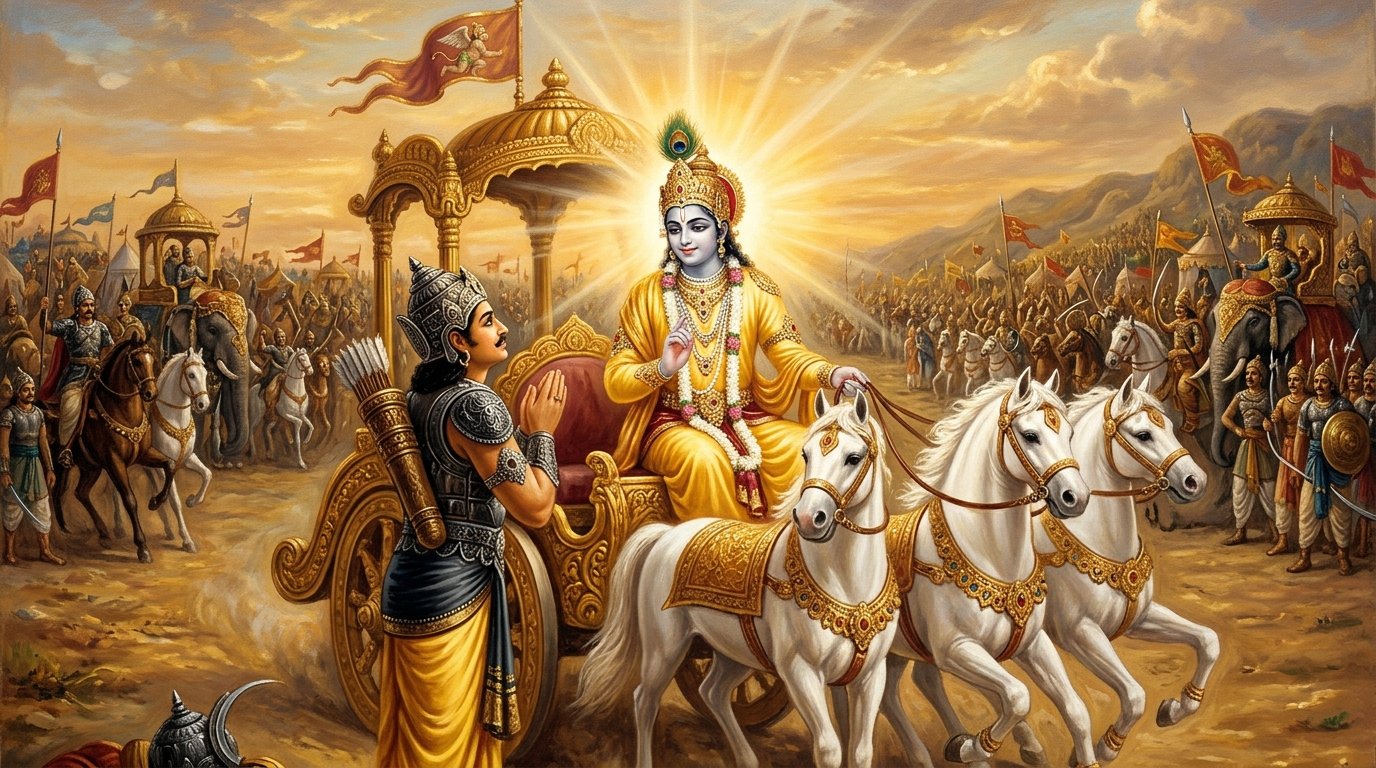 Lord Krishna and Arjuna on the chariot in Kurukshetra